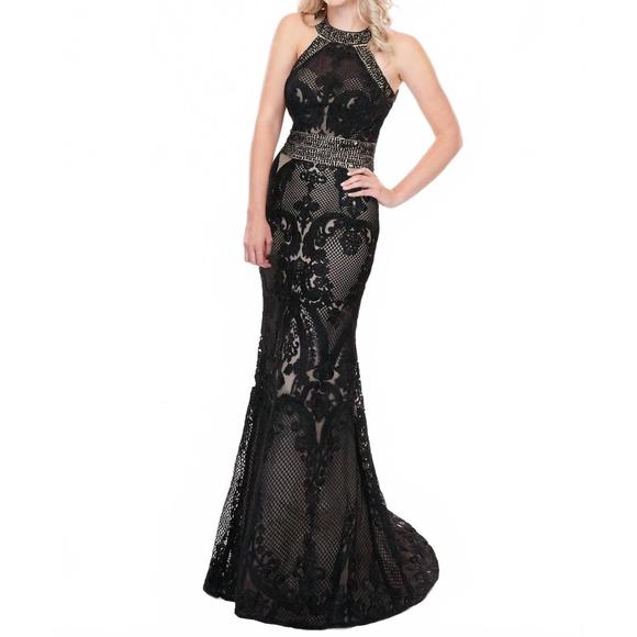 NEW RACHEL ALLAN lace halter neck prom dress in black - benaras.co